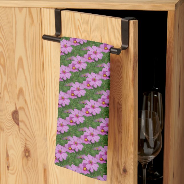 Pink Cosmos Daisy Flowers Nature Pattern      Tea Towel (Thirds Fold)