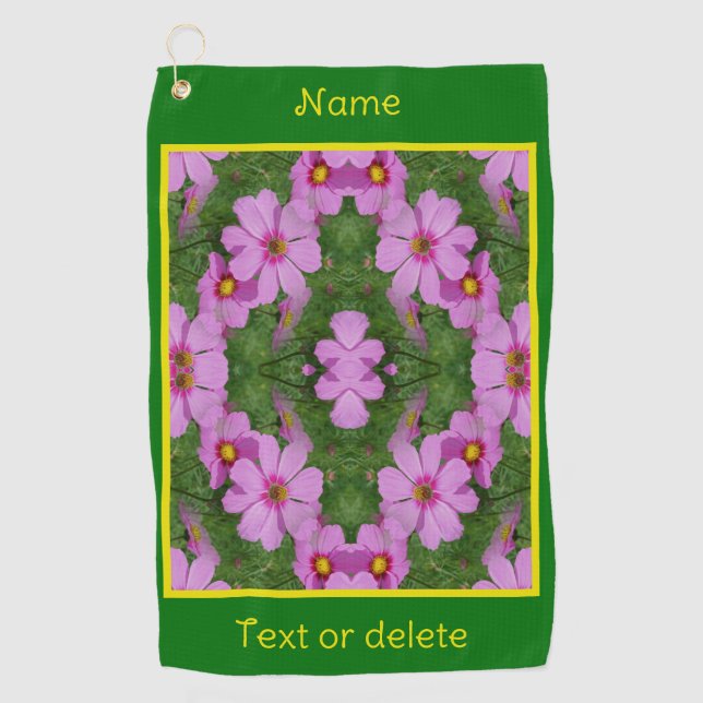 Pink Cosmos Daisy Flowers Nature Personalised Golf Towel (Front)