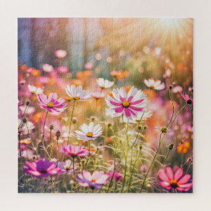 Pink Cosmos Flower Garden Jigsaw Puzzle