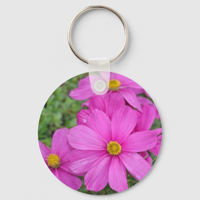 Pink cosmos flower garden key ring (Front)