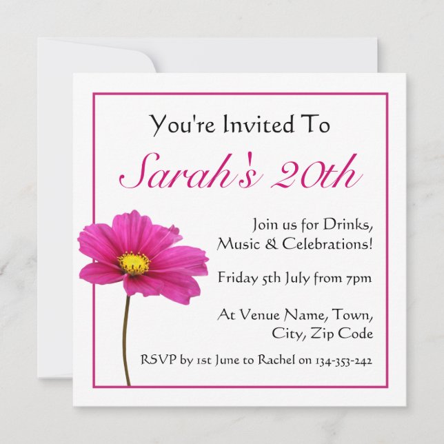 Pink Cosmos Flower Invitation (Front)