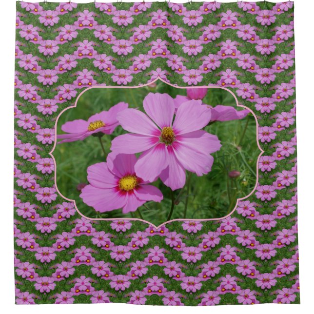 Pink Cosmos Flower Nature Art Pattern Shower Curtain (Front)