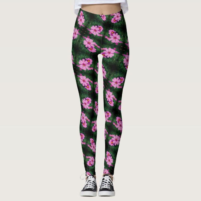 Pink Cosmos Flowers Abstract Pattern    Leggings (Front)