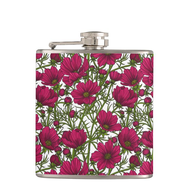 Pink Cosmos flowers Hip Flask (Front)
