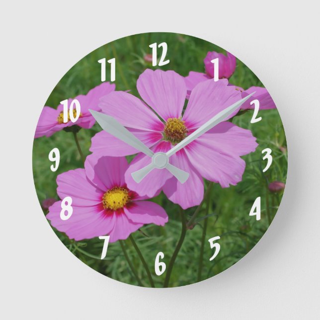 Pink Cosmos Flowers In Bloom Round Clock (Front)