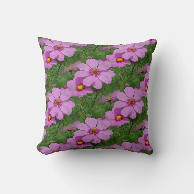 Pink Cosmos Flowers Nature Pattern Cushion (Front)