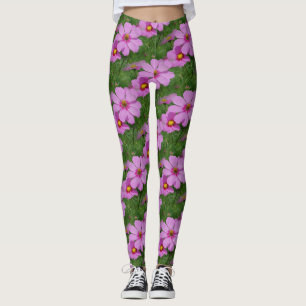 Pink Cosmos Flowers Nature Pattern Leggings