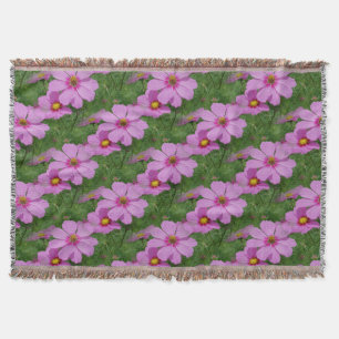 Pink Cosmos Flowers Nature Pattern Throw Blanket
