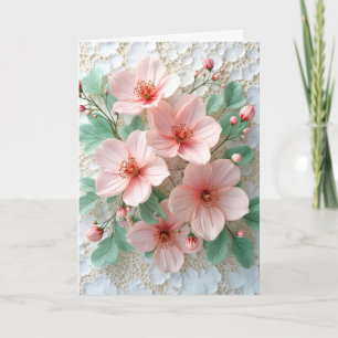 Pink Cosmos Flowers On White Bridal Lace Card