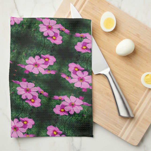 Pink Cosmos Flowers Pattern  Tea Towel (Quarter Fold)