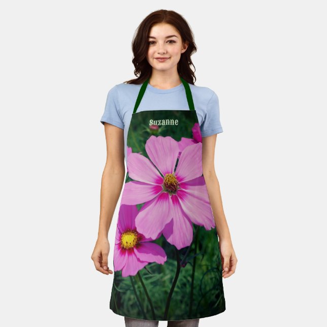 Pink Cosmos Flowers Personalised Apron (Worn)