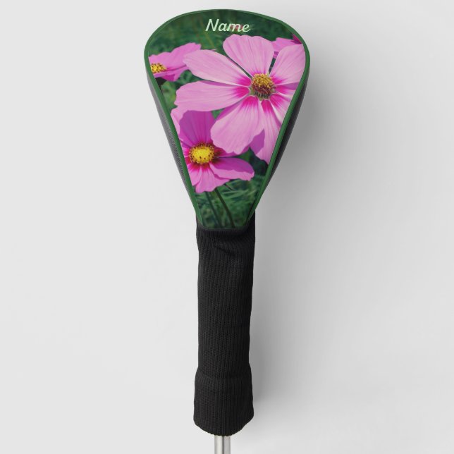 Pink Cosmos Flowers Personalised Golf Head Cover (Front)
