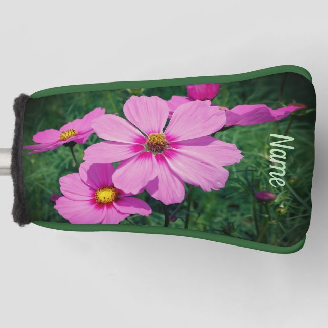 Pink Cosmos Flowers Personalised Golf Head Cover (Front)