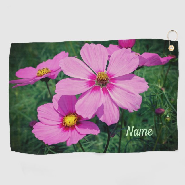Pink Cosmos Flowers Personalised  Golf Towel (Horizontal)