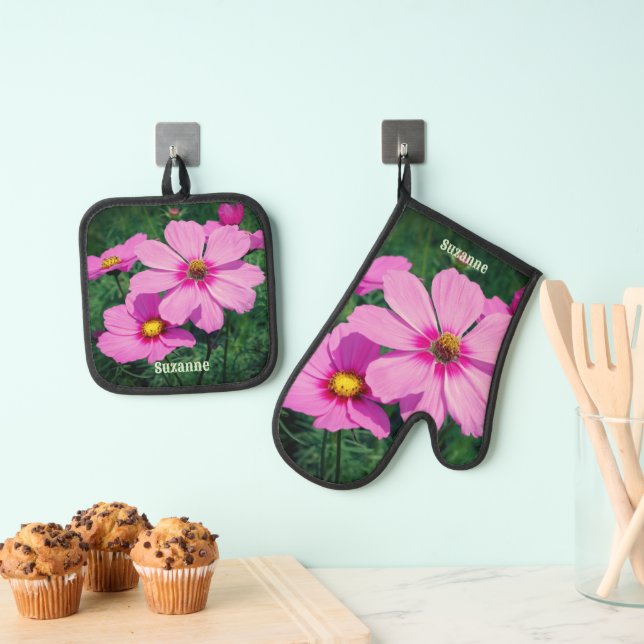 Pink Cosmos Flowers Personalised Oven Mitt & Pot Holder Set (Insitu(Hanging))