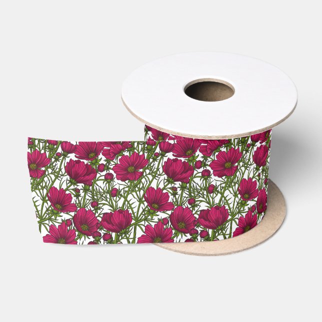 Pink Cosmos flowers Satin Ribbon (Spool)