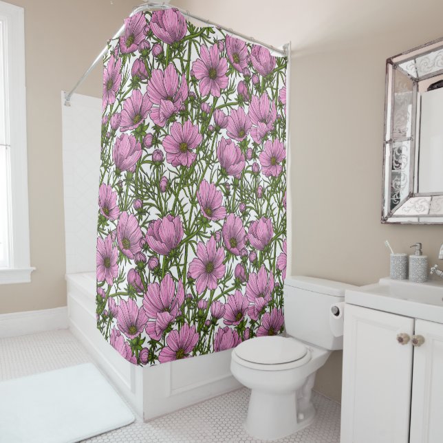 Pink Cosmos flowers Shower Curtain (In Situ)