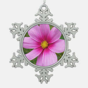 Pink Cosmos Flowers Wildflower Snowflake Pewter Christmas Ornament