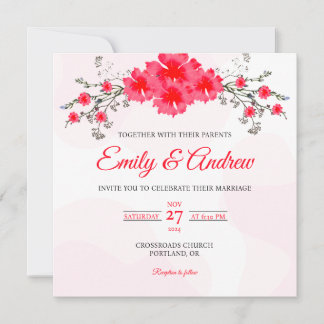Pink Cosmos Watercolor Floral Square Wedding Invitation
