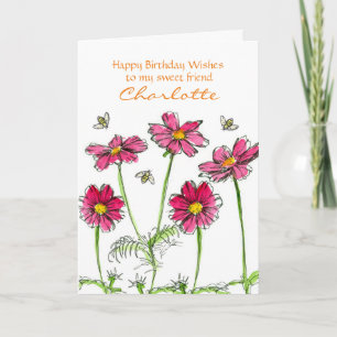 Pink Cosmos Watercolor Flowers Personalised Name Card