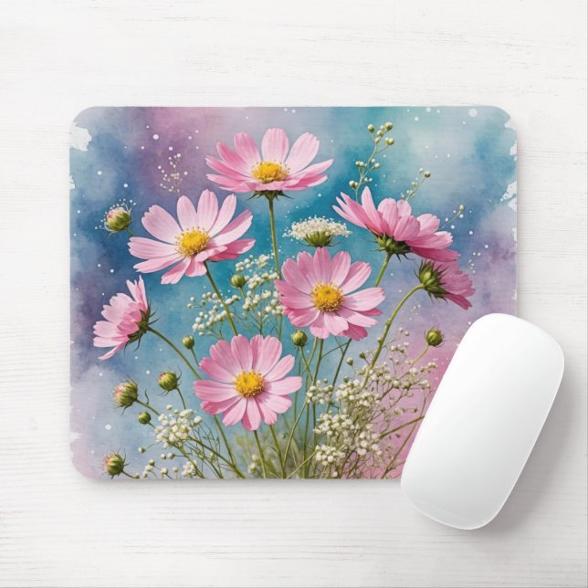 Pink Cosmos Watercolor Mouse Pad (With Mouse)