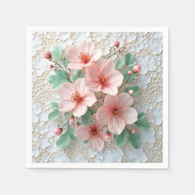 Pink Cosmos Wedding Flowers On Lace Napkin (Front)