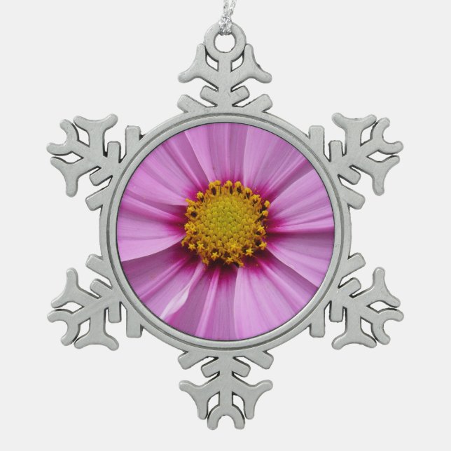 Pink Cosmos Wildflower Floral Snowflake Pewter Christmas Ornament (Front)