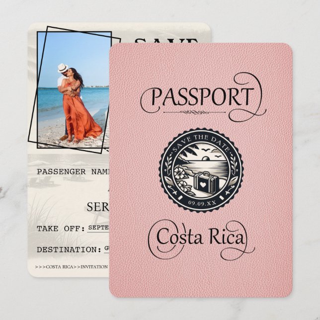 Pink Costa Rica Passport Save The Date (Front/Back)