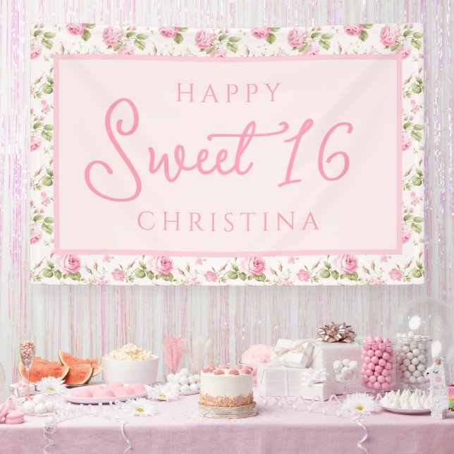 Pink Cottage Rose Happy Sweet 16th Birthday Banner (Party)