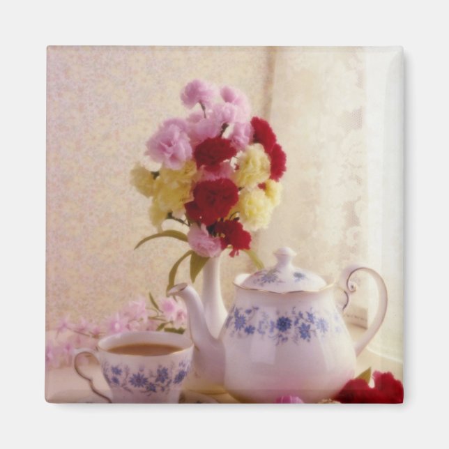 Pink Cottage tea set flowers Magnet (Front)