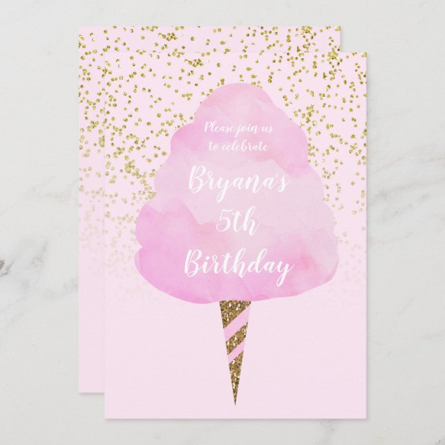 Pink Cotton Candy & Gold Confetti Birthday Party Invitation (Front/Back)