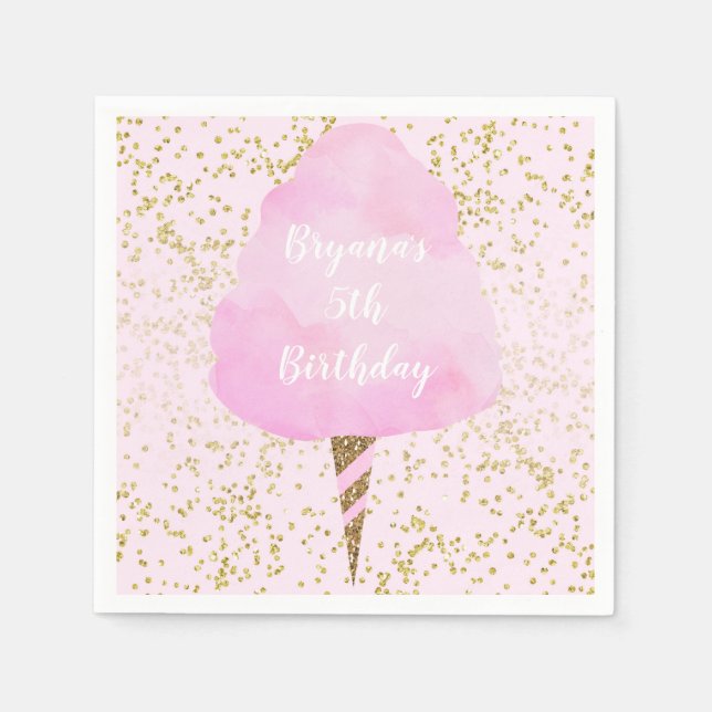 Pink Cotton Candy & Gold Confetti Birthday Party Napkin (Front)