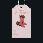 Pink Country Merry Christmas To From Gift Tag<br><div class="desc">This festive country To/From gift tag features a hand-drawn pair of cowgirl christmas boots sitting among pinecones,  pine and holly berries on the front. The back features a fun pattern with these same western elements. Elegant soft pink background.</div>