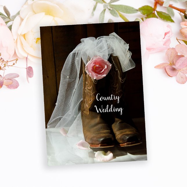 Pink Country Rose and Cowboy Boots Western Wedding Invitation (Creator Uploaded)