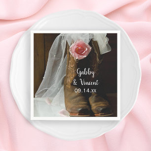 Pink Country Rose and Cowboy Boots Western Wedding Napkin