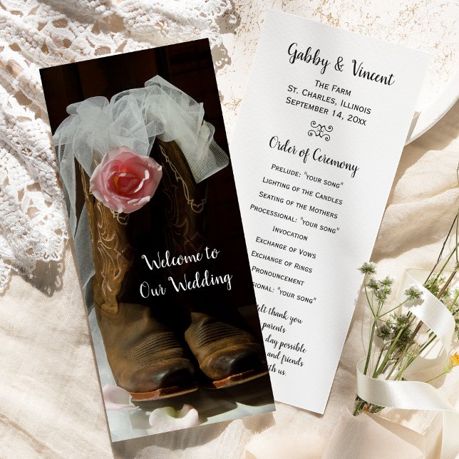 Pink Country Rose and Cowboy Boots Western Wedding Program (Creator Uploaded)