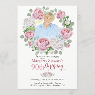 Pink Country Rose Wreath Photo 90th Birthday Invitation