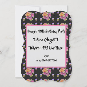 Pink Country Roses Floral 40th Birthday Invitation