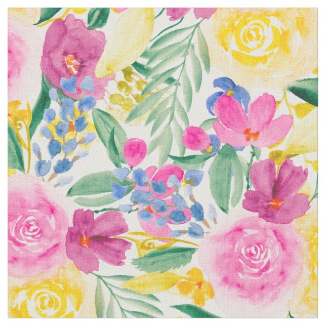 pink country watercolor floral pattern fabric (Close Up)