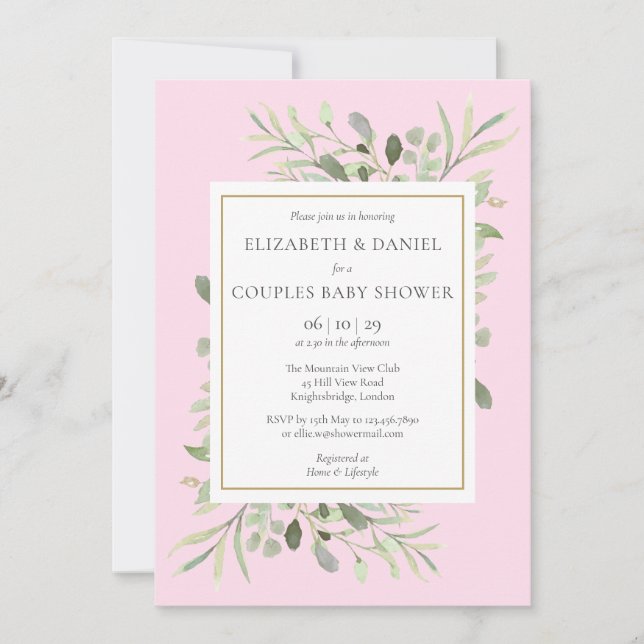 Pink Couples Baby Girl Shower Eucalyptus Greenery Invitation (Front)