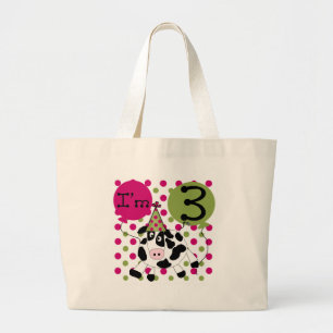 Pink Cow 3rd Birthday Tshirts and Gifts Large Tote Bag