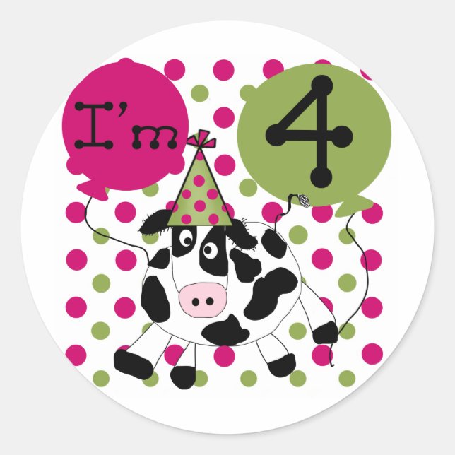 Pink Cow 4th  Birthday Tshirts and Gifts Classic Round Sticker (Front)