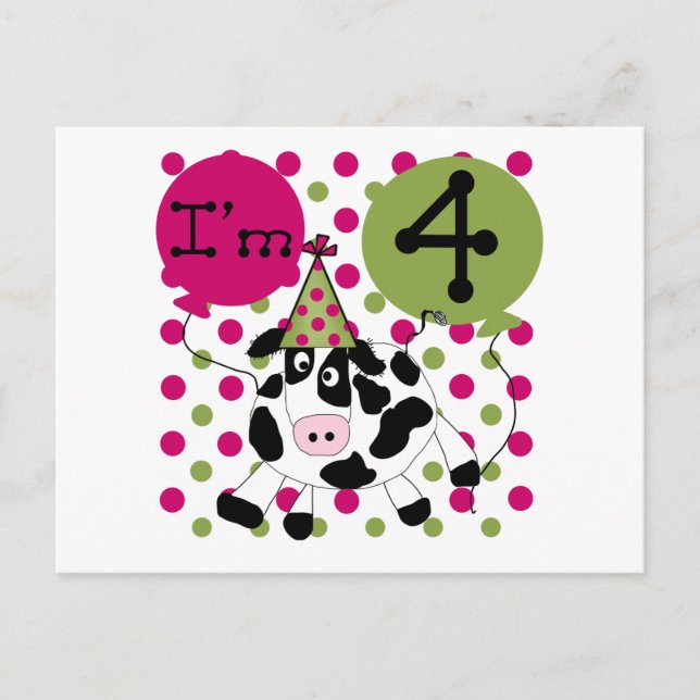 Pink Cow 4th  Birthday Tshirts and Gifts Postcard (Front)