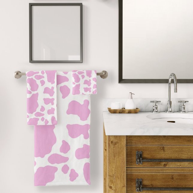 Pink Cow Print Bath Towel Set (Pink Cow Spots Animal Print Pattern Bath Towel Set by Looly Elzayat)
