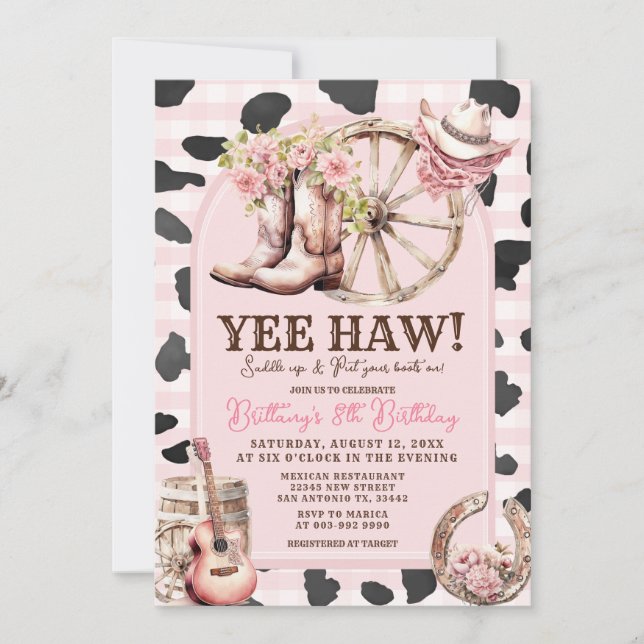  Pink Cow Skin Cowgirl Western 1st Birthday  Invitation (Front)