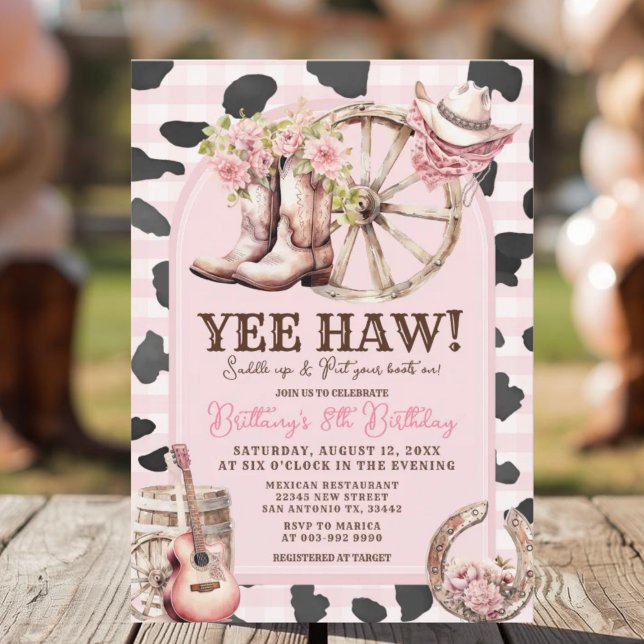  Pink Cow Skin Cowgirl Western 1st Birthday  Invitation (Creator Uploaded)
