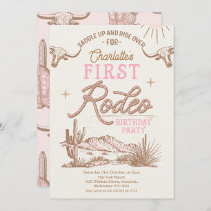 Pink Cow Vintage Desert First Rodeo 1st Birthday  Invitation