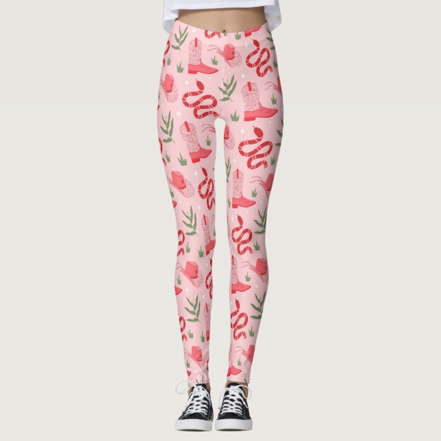 Pink Cowboy And Snakes Pattern Leggings (Front)