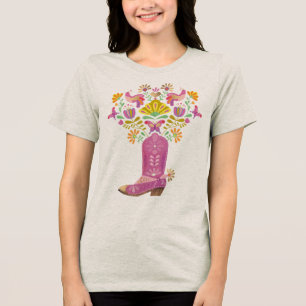 Pink Cowboy boot bursting with flora and fauna Tri-Blend Shirt