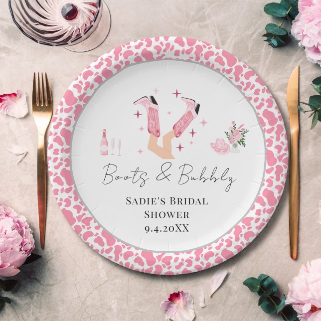 Pink Cowboy Boots & Bubbly Bridal Shower Paper Plate (Creator Uploaded)